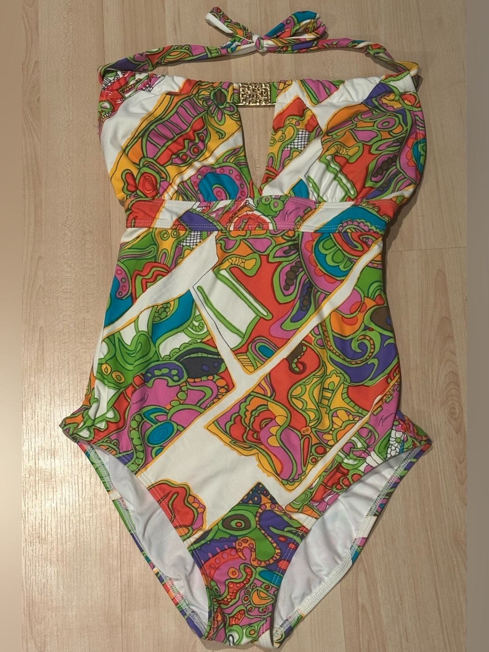 Trina Turk Multicolor Abstract Groovy Plunge One Piece Swimsuit S⁠